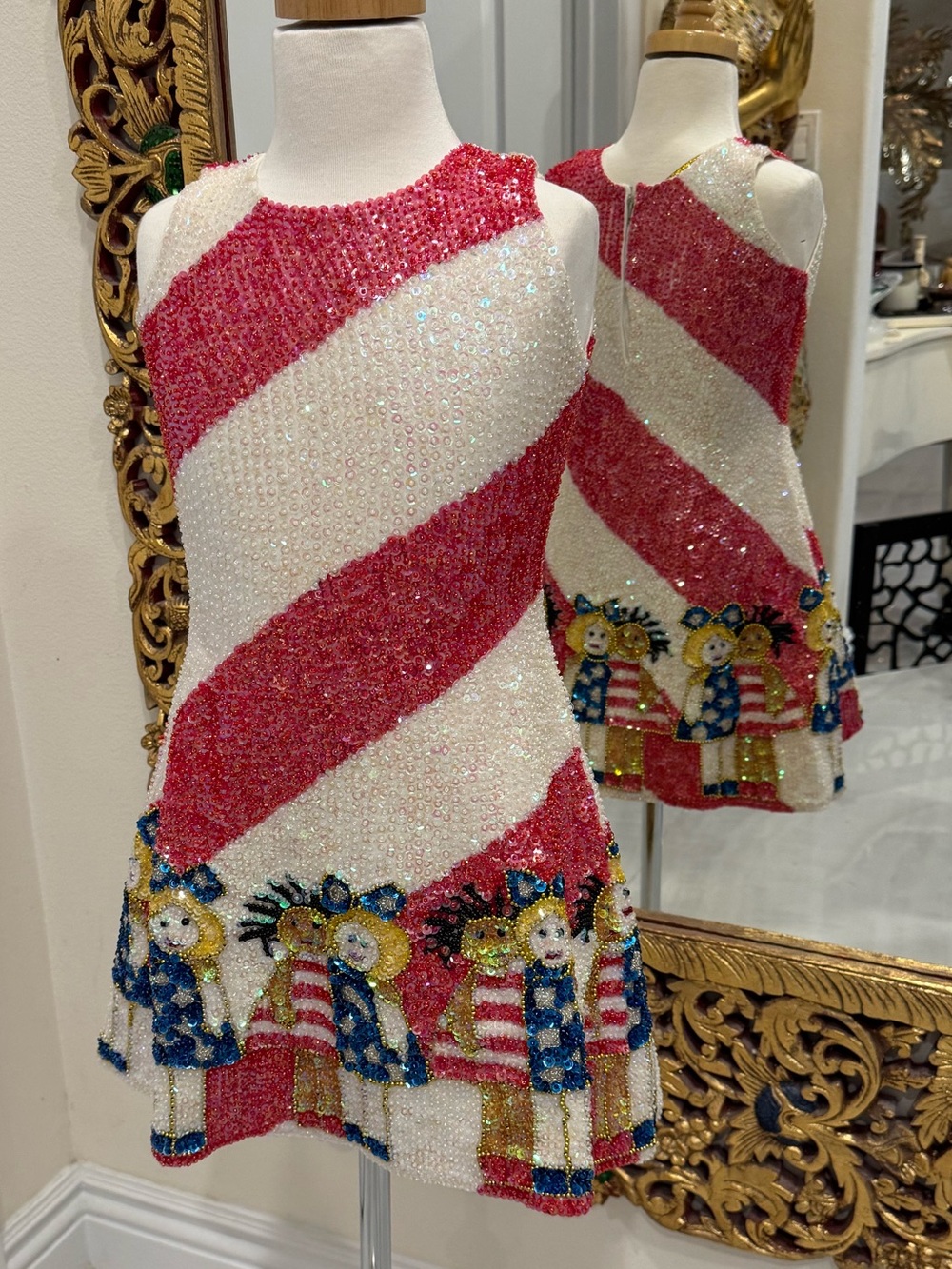 Patriotic Red and White Girls' Sleeveless hand‎ beaded Dress.  Stretch well-made